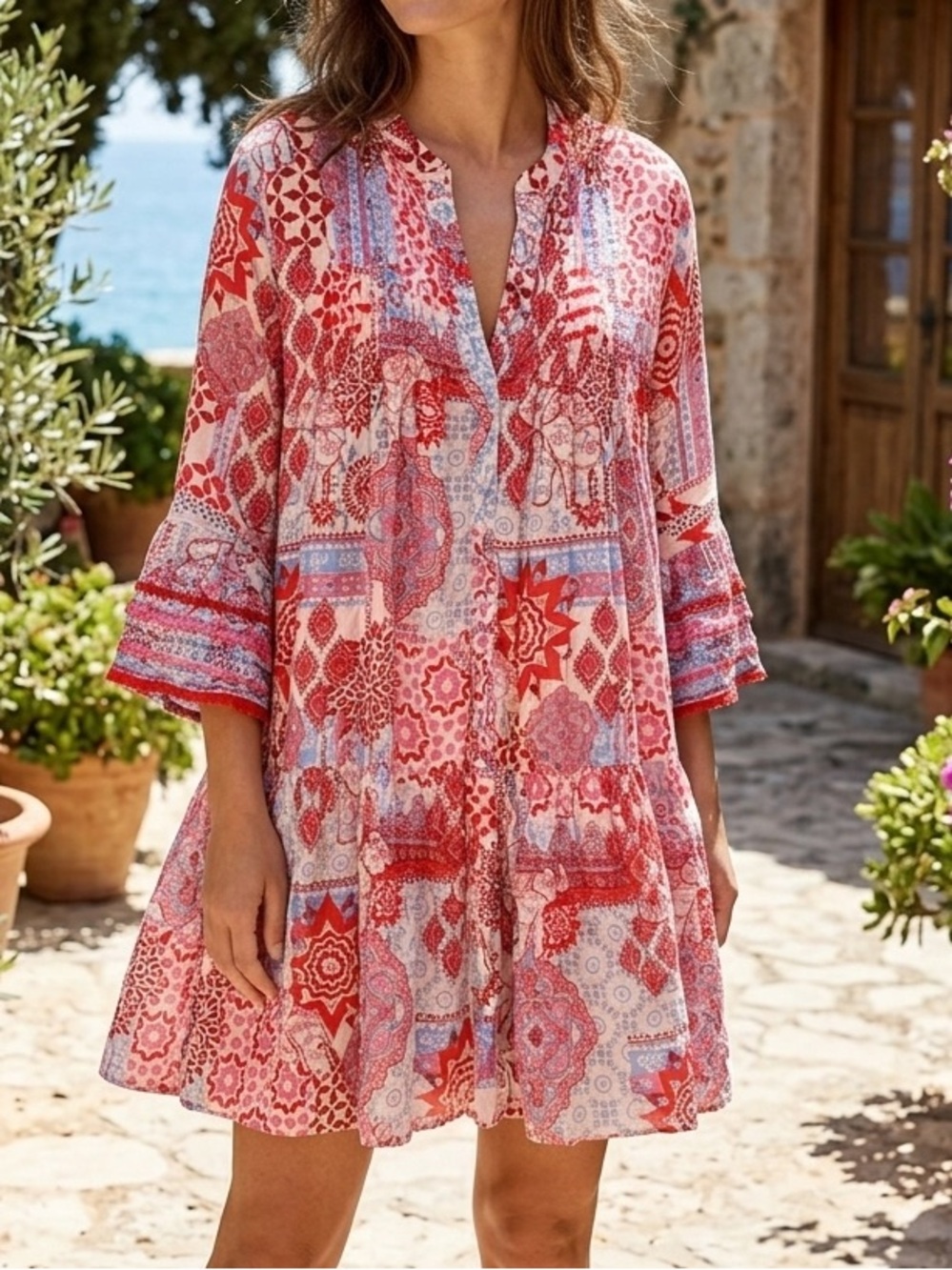 TAJ by Sabrina Crippa Pink and Red Printed V-Neck Tunic size Medium